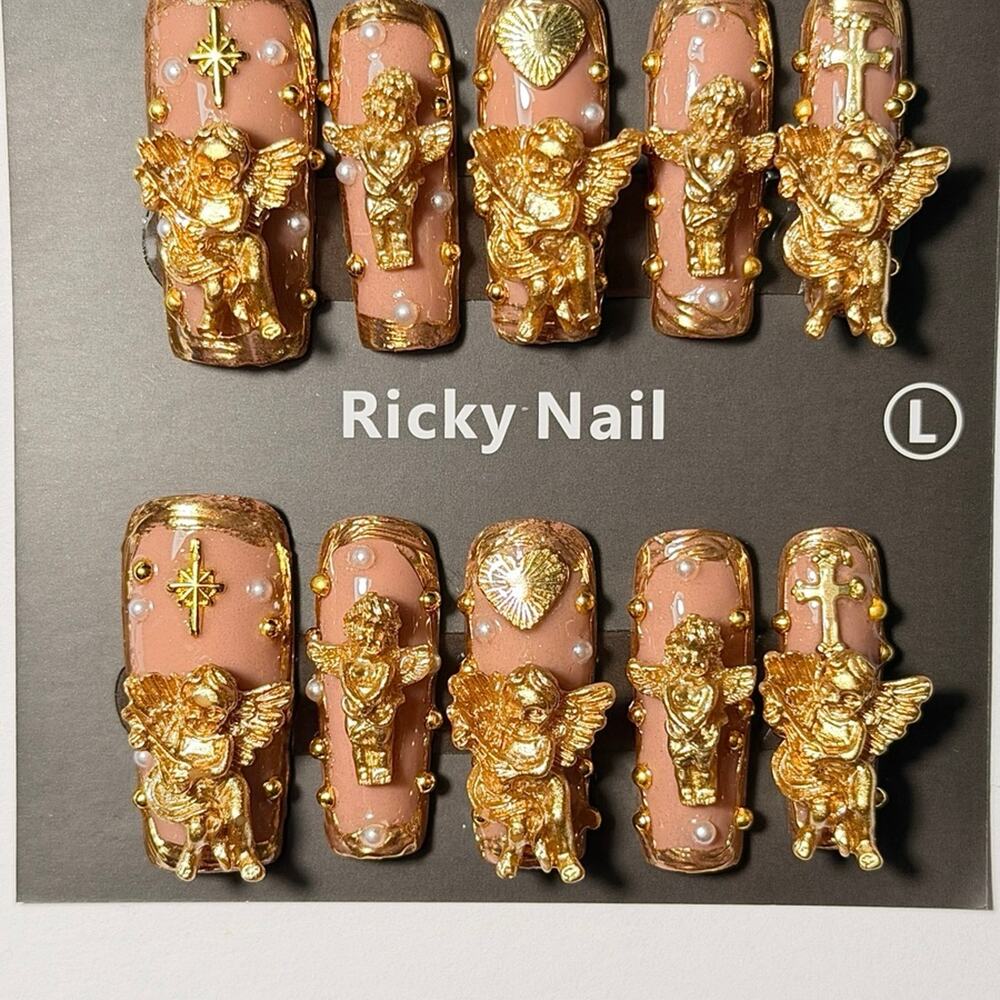 Ricky Nail Gold Cherub Angel Press On Nails Size Large